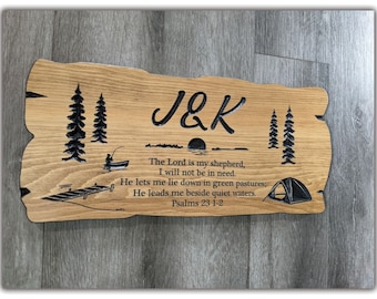 Outdoor Carved Sign, custom Wooden Carved Cabin Sign, spruce Trees, Camp Sign,  Lake house Sign, Cottage Sign, Rustic Signs