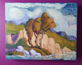 Trees and River  20"x 16" - Landscape Oil Painting - Wall Hanging - Decor