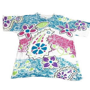 Vintage Floral T-Shirt One Size All Over Print Blue White Pink Single Stitch