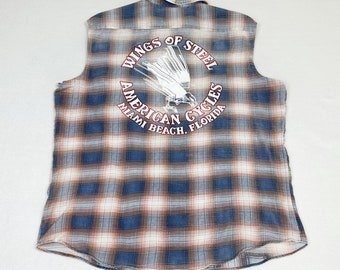 Vintage Wings of Steel Shirt Sleeveless Flannel Miami Beach Cycles