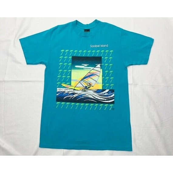 Vintage 80s Sanibel Island T-Shirt Large Blue Gre… - image 1