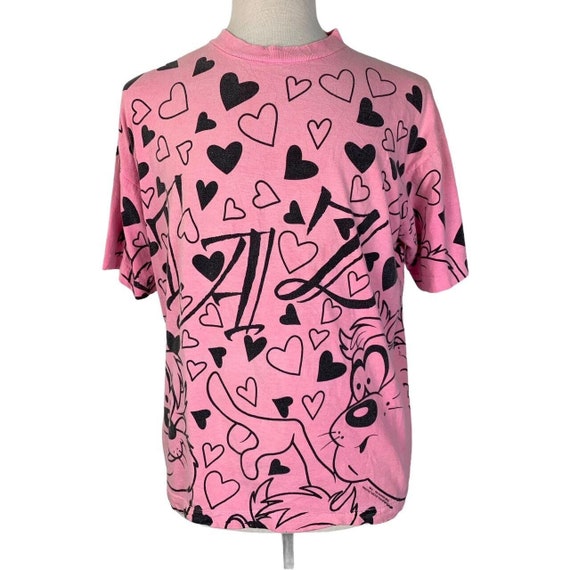 Vintage 1994 Taz Pink Hearts T-Shirt Tasmanian De… - image 1