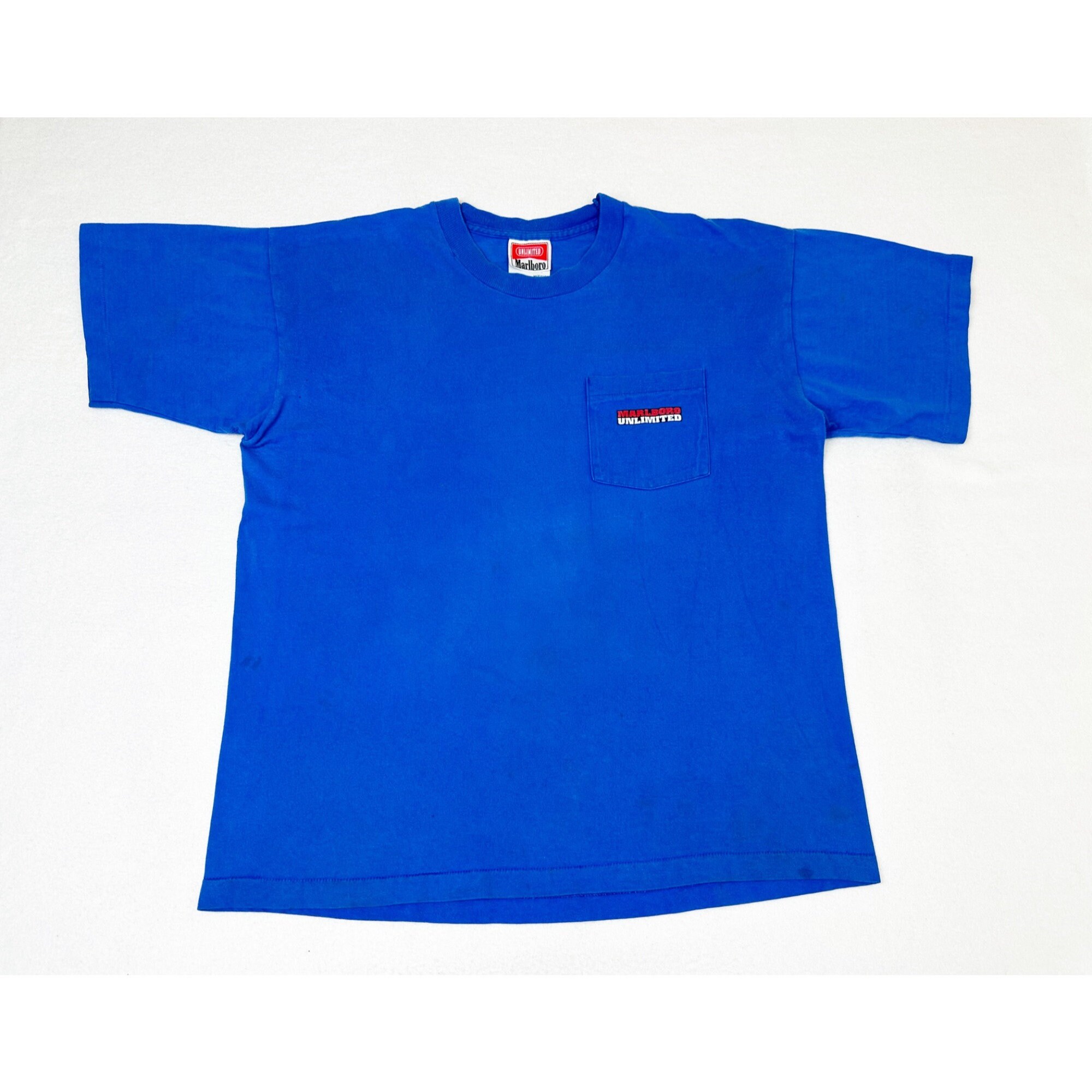 Vintage 90s Marlboro Unlimited T-shirt One Size Blue Pocket Tee