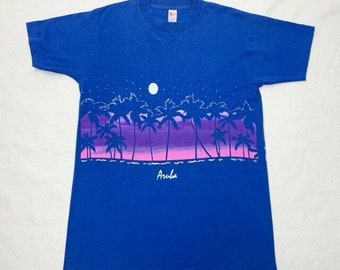 Vintage 80s Aruba Tourist T-Shirt Large Blue Sunset Palm Trees Single Stitch