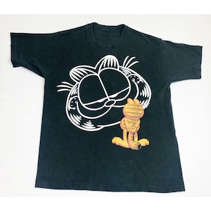 Vintage 90s Garfield T-Shirt Black 1995 Big Face Cartoon Single Stitch