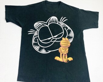 Vintage 90s Garfield T-Shirt Black 1995 Big Face Cartoon Single Stitch