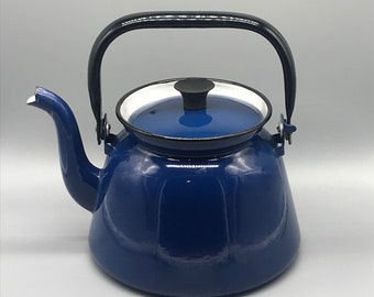 Beautiful Vintage Cobalt Blue, Black & White Enamel/ Enamelware Teapot