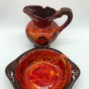 Vintage 1970's Cal Style Pitcher & Bowl #1107 USA - Gorgeous Red Orange Brown Drip Glaze! Or Gravy Bowl