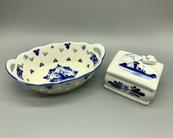 Vintage Delft Windmill Hand-Painted in Holland Blue & White Candy Dish and Trinket Box