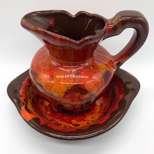 Vintage Cal Style Pitcher & Bowl #1107 USA - Gorgeous Red Orange Brown Drip Glaze! Or Gravy Bowl