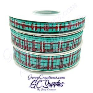 Plaid - Tartan - Tropic - USDR Grosgrain Ribbon 7/8”, 5/8” & 3/8” red glitter, white and black plaid tartan pattern on tropic