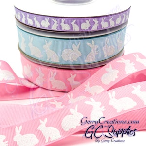 Easter Bunnies - USDR Grosgrain Ribbon 7/8” & 3/8” White Glitter Ink Bunnies on Pink, Blue and Grape perfect for Easter
