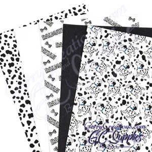 May include: A collection of patterned papers featuring Dalmatian dog designs. The papers include black and white spotted patterns, Dalmatian dog illustrations, and text that reads "Dalmatian" with bone graphics. The papers are suitable for crafts and DIY projects.