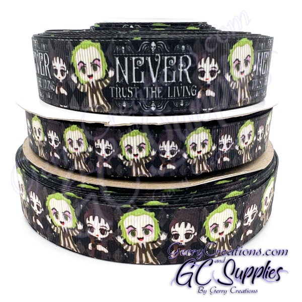 USDR Grosgrain Ribbon 7/8” & 5/8” horror scary green hair beetle juice black never trust the living