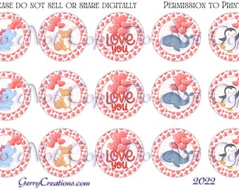 Cute Animals Love Balloons Hearts Valentine BCI Digital Download Only Bottle Cap Images bow centers resin centers 1 inch circle