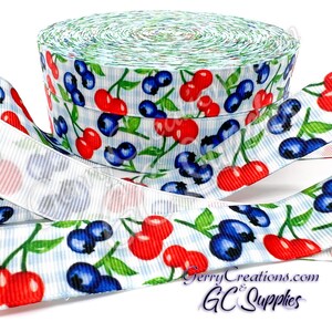 Fruit - Blueberry and Cherry - USDR Grosgrain Ribbon 7/8” & 5/8” Watercolor blueberries and cherries scattered on a blue plaid background
