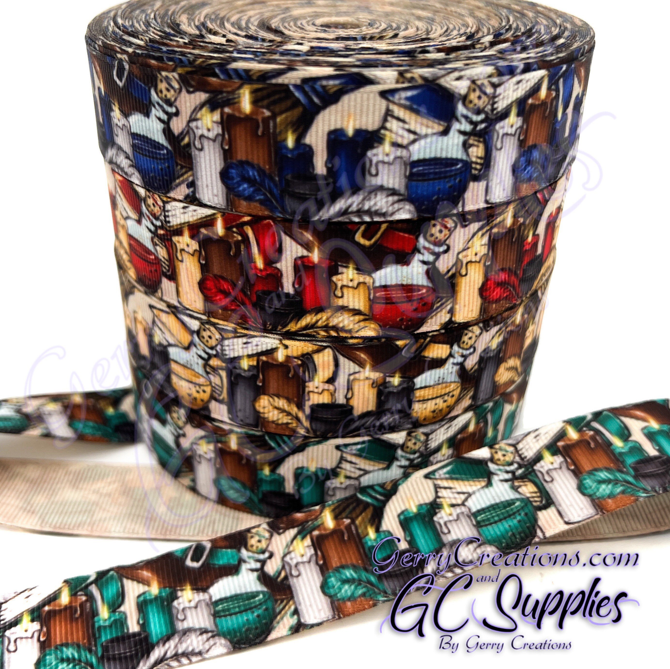 Magical Wizards - Magic - USDR Grosgrain Ribbon 7/8” Yellow Gold Green Red Blue wizard house hats potions broomsticks books and candles