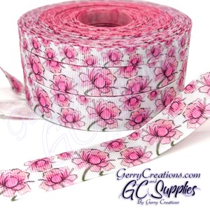 Watercolor Flowers - USDR Grosgrain Ribbon 7/8”, 5/8” & 3/8” Pretty Pink and peach flowers single sided white back
