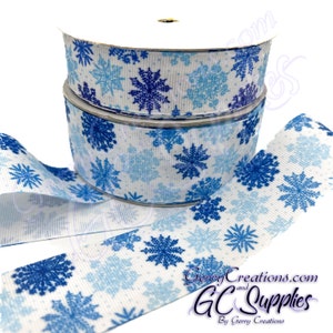Blue Snowflakes - Grosgrain Ribbon 1.5” & 1” Blue Snowflake scattering down frozen cold Christmas winter brr