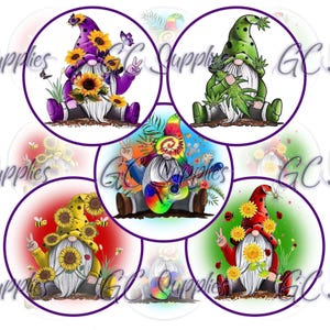 Divertidos gnomos de temporada, girasoles, hojas y colores brillantes. Descarga digital de BCI. Imágenes de tapas de botellas con centros de resina y lazos en círculos de 1 pulgada.
