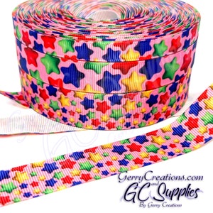 Stars - Pink - USDR Grosgrain Ribbon 7/8”, 5/8” & 3/8” Stars in Primary Colors Red Blue Yellow Green on a Pink background