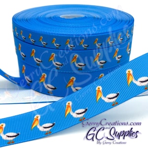 Pelican - USDR Grosgrain Ribbon 7/8”, 5/8” & 3/8” Pelican Standing with Blue background water Bird
