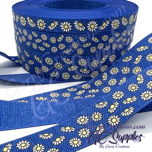Ink Daisies - Blue Denim - USDR Grosgrain Ribbon 7/8”, 5/8” & 3/8” ink white daisy daisies on double sided Blue Denim effect