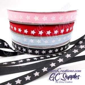 Stars - USDR Grosgrain Ribbon 3/8” White stars on Black Blue Red or Pink