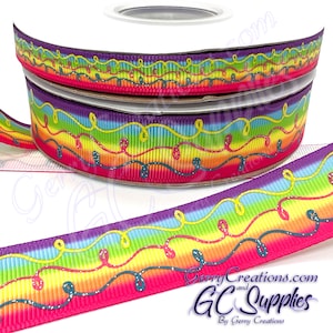 Colorful Doodles -Rainbow - USDR Grosgrain Ribbon 7/8” & 3/8” Doodle Squiggle Lines on Rainbow ombre colors bright