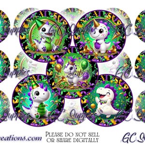 Puede incluir: Doce pegatinas redondas de 5 cm de diámetro con un dinosaurio de dibujos animados que lleva un sombrero de Mardi Gras y sostiene un favor de fiesta. Las pegatinas tienen un tema de Mardi Gras verde, morado y dorado.