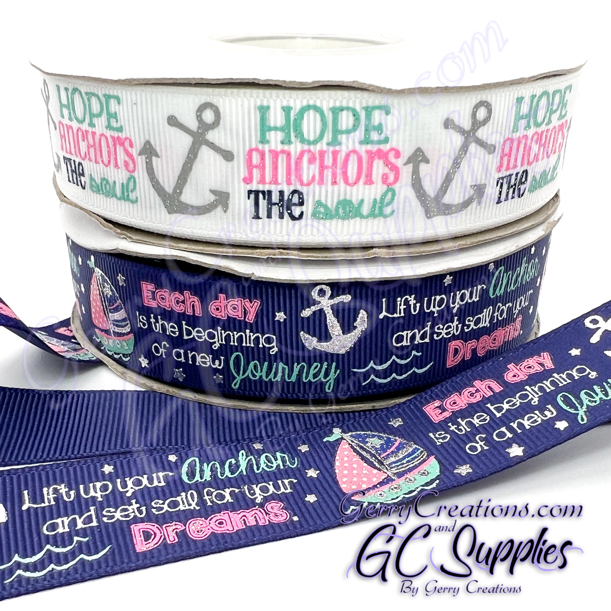 Sail Boats and Anchors - Blue or White - USDR Grosgrain Ribbon 7/8 ...