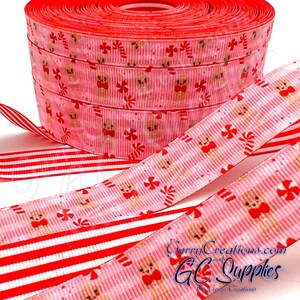 Gingerbread on Pink - USDR Grosgrain Ribbon 7/8”, 5/8” & 3/8” double sided with red and white pinstripe lines on the back