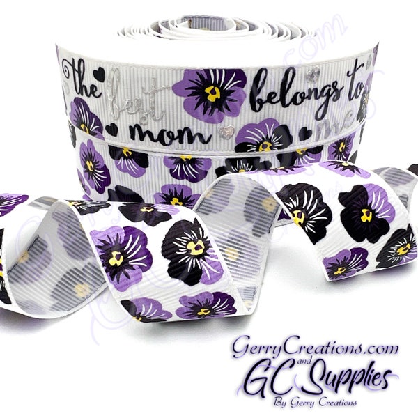 USDR Grosgrain Ribbon 7/8” The Best Mom Belongs To Me Purple Pansy Flower Heart Mother’s Day