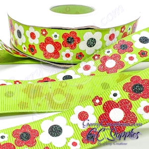 Flowers - Apple Green - USDR Grosgrain Ribbon 7/8” White & Red with Black Cartoon Flowers with glitter and ink