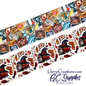 May include: Two rolls of white ribbon with a Harry Potter theme. One ribbon features a white background with a repeating pattern of a black witch's hat, a birdcage, and other Harry Potter themed items. The other ribbon features a gray background with a repeating pattern of Harry Potter themed items, including the Hogwarts crest, a golden snitch, and a book.