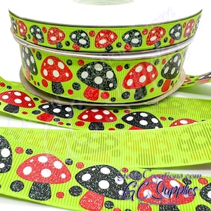 Mushrooms - Apple Green - USDR Grosgrain Ribbon 7/8” & 3/8” Black and Red cartoon Polka dot toadstall fungi mushrooms with glitter and ink