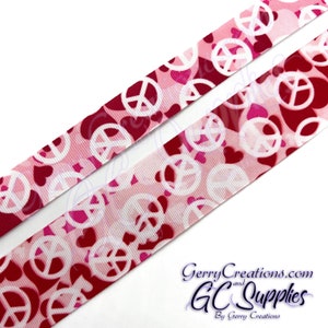 Price is by the Yard - Grosgrain Ribbon 1.5” & 1” Pink Red peace signs hearts Pattern