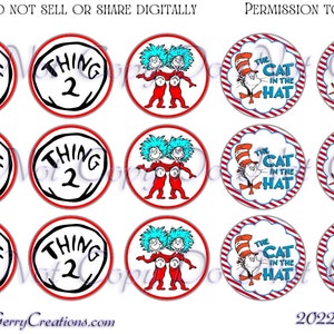 May include: Twelve 2-inch round printable stickers featuring characters from the book "The Cat in the Hat". The stickers feature Thing 1 and Thing 2, the Cat in the Hat, and two fish.