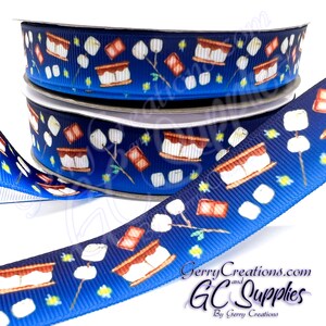 S’mores - USDR Grosgrain Ribbon 7/8” & 5/8” Fun Smores with melting chocolate and marshmallows with fireflies in the background fire fly
