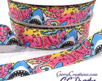 Shark Jaws - USDR Grosgrain Ribbon 7/8” & 5/8” Cartoon Shark Breaching the waves with pink ombre and splashes