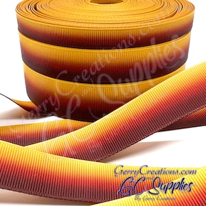 Ombre - Yellow Gold Dark Red - USDR Grosgrain Ribbon 7/8”, 5/8” & 3/8” Double Sided Yellow Gold to dark red to Burgandy Ombre