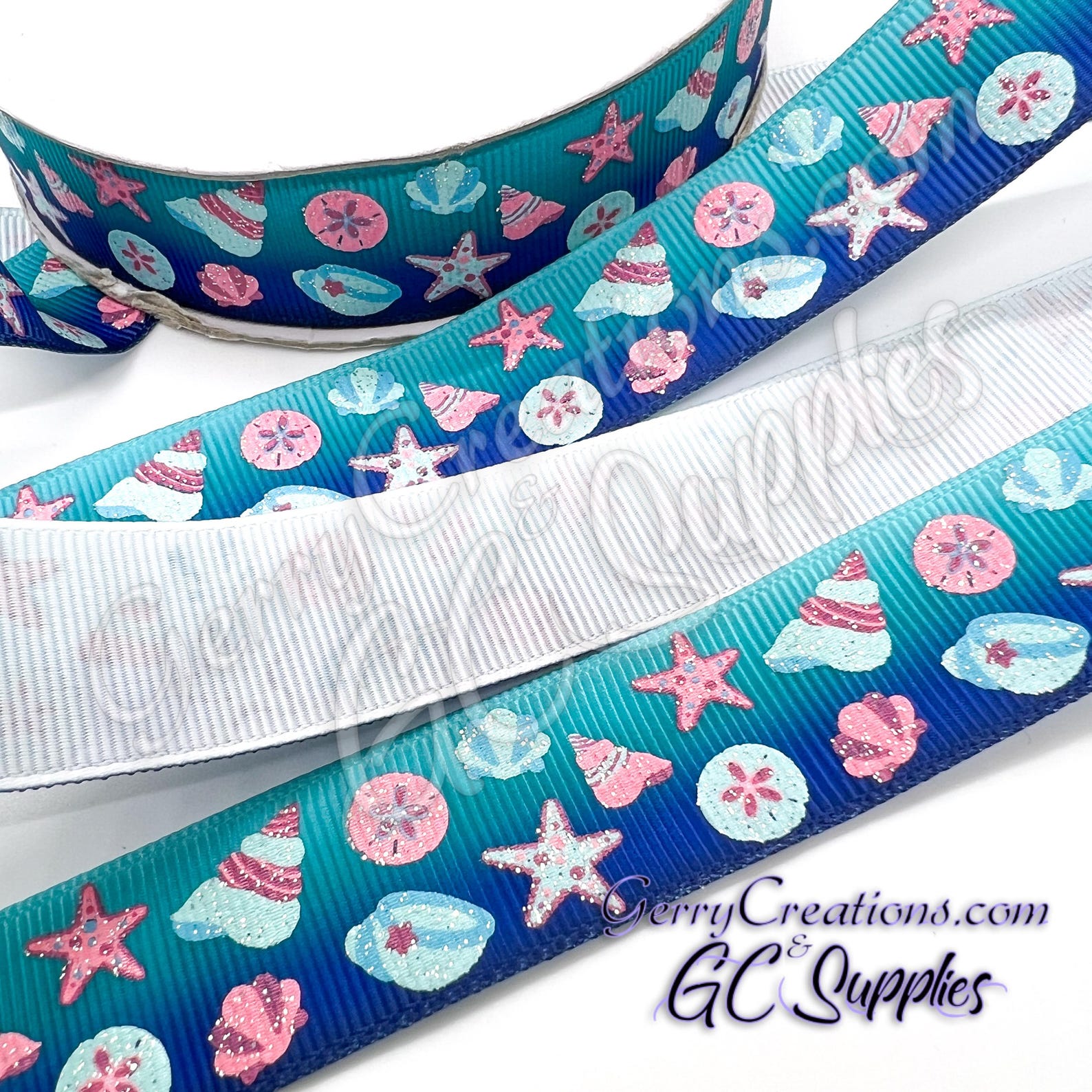 Shell Ribbons Sea Shells - Ombre - USDR Grosgrain Ribbon 7/8” Shells Starfish Pebbles ...