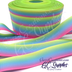 Bright Ombre Double Sided - USDR Grosgrain Ribbon 7/8”, 5/8” & 3/8” Pretty neon pink yellow blue Ombre on both sides