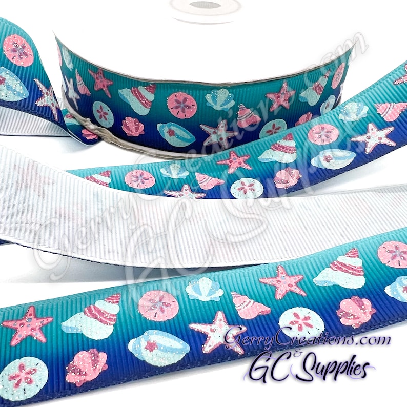 Strandkorb Ribbon Sea Shells - Ombre - USDR Grosgrain Ribbon 7/8” Shells Starfish Pebbles ...