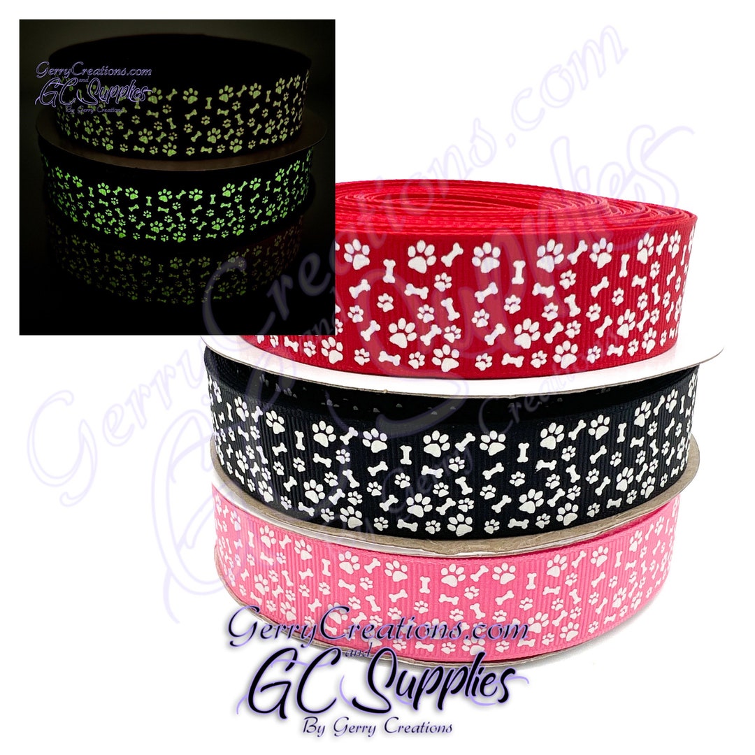 GLOW Paws & Bones - Pink Red Black - USDR Grosgrain Ribbon 7/8” Glow in ...