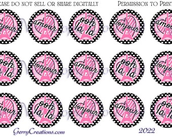 Paris Love Valentine Hearts Hot Pink Eiffel Tower  BCI Digital Download Only Bottle Cap Images bow centers resin centers 1 inch circle