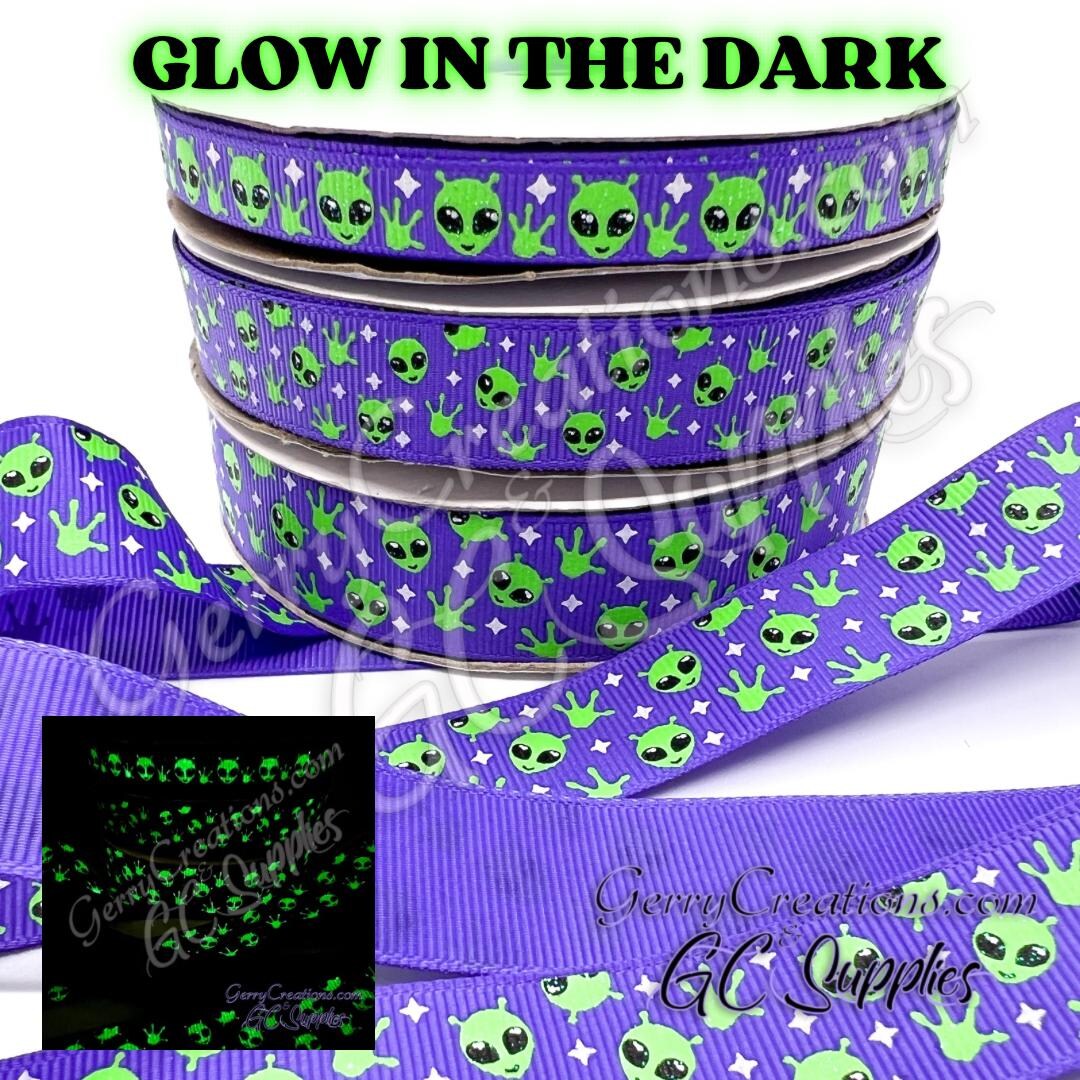 GLOW Aliens - Purple - USDR Grosgrain Ribbon 7/8”, 5/8” & 3/8” Glow in ...