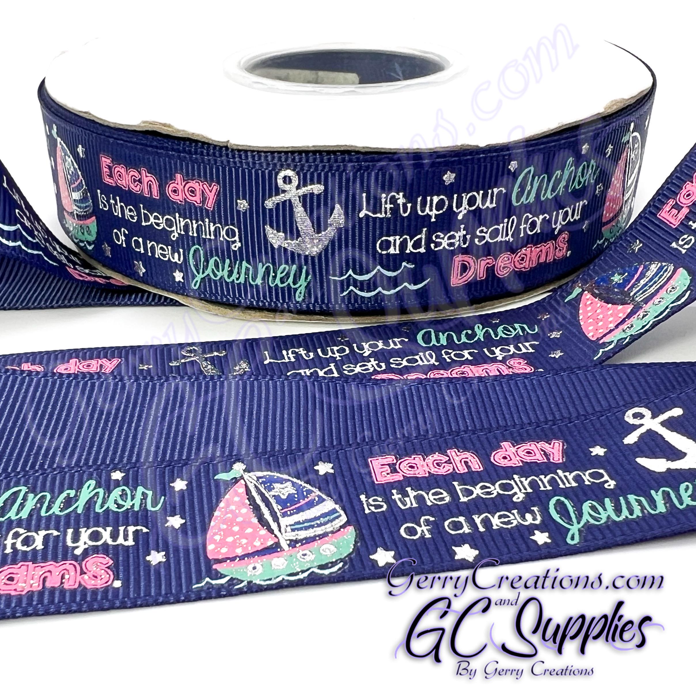 Sail Boats and Anchors - Blue or White - USDR Grosgrain Ribbon 7/8 ...