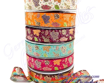 Fall Leaves - USDR Grosgrain Ribbon 7/8” Beautiful Autumn color leaves on fall ombre, pinks browns reds tropic and ivory with gold foils