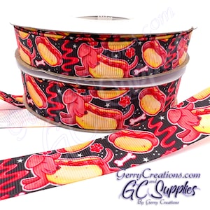 Dachshund Hot Dog - USDR Grosgrain Ribbon 7/8” & 5/8” cute cartoon wiener hotdog with ketchup and dog bones